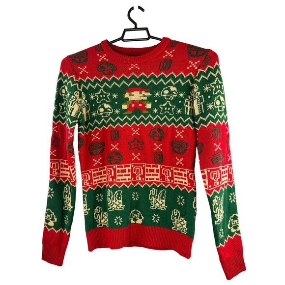 Super Mario Bros. Ugly Christmas Sweater Nintendo Red Green Men's Size Small - Picture 2 of 8